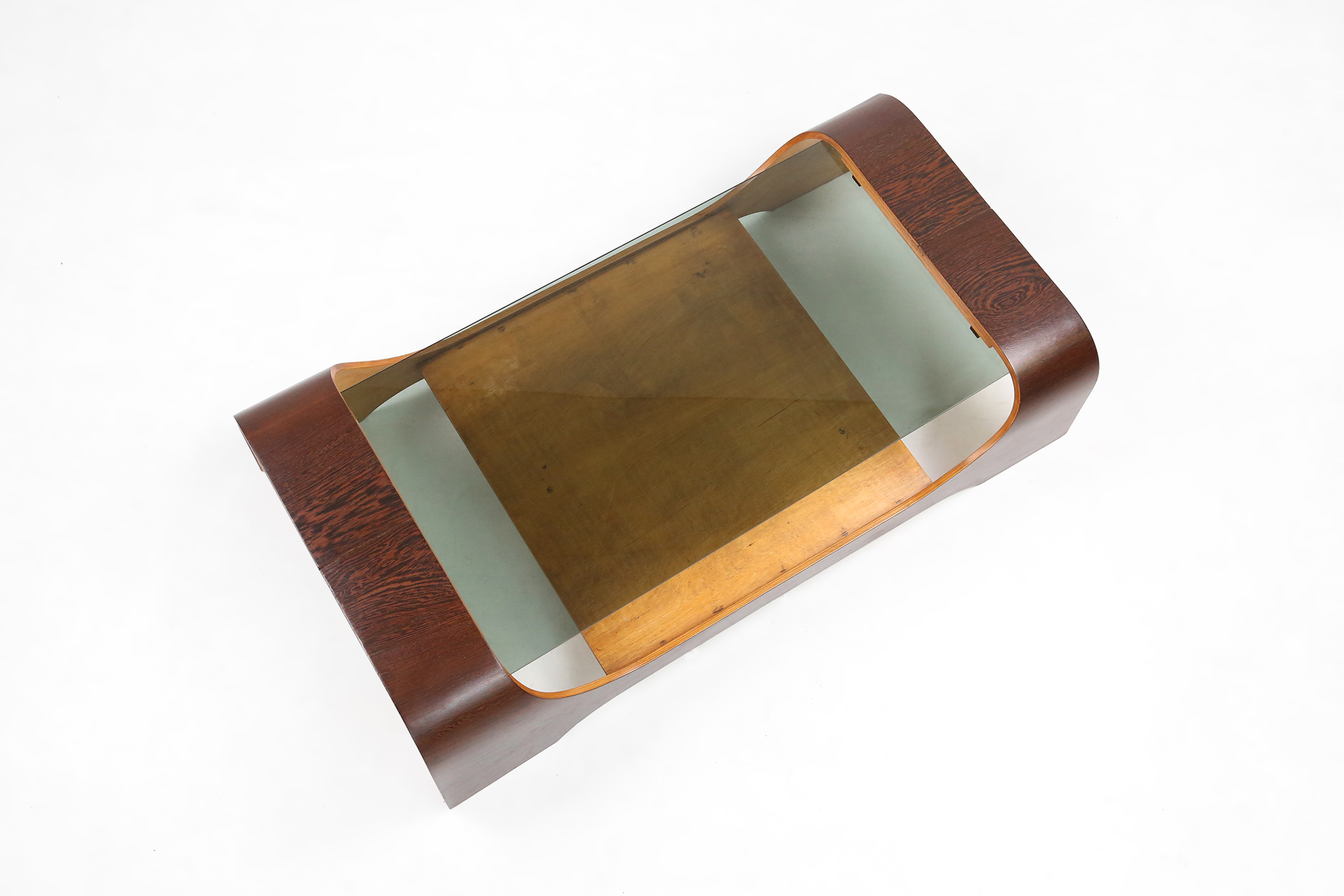 French mid-century coffee table in curved wenge plywood with glass top, 1960sthumbnail